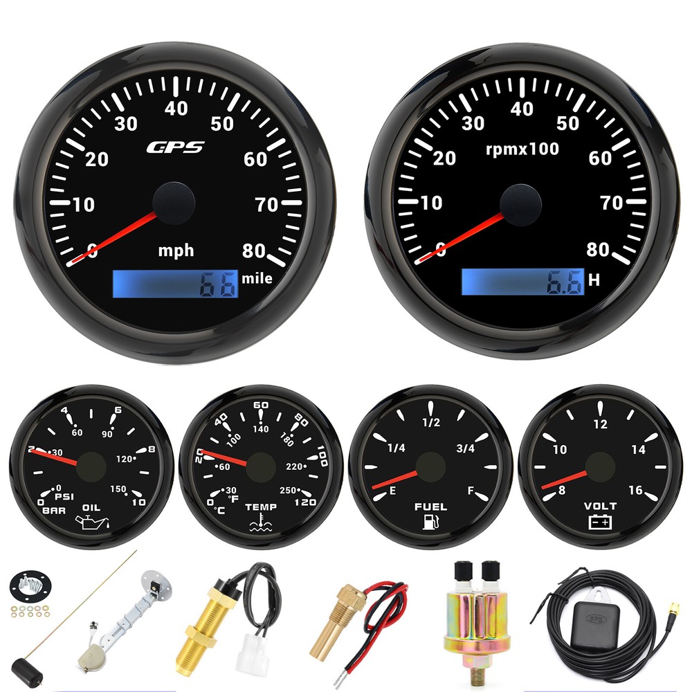 6 Gauge Set GPS Speedometer 0-80MPH Tacho Fuel Oil Press Volt Temp with Senders