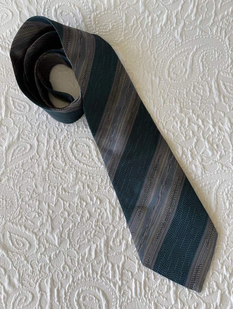 Zianotti Men's Teal Gray Blue Black Striped 100% Silk Woven Tie