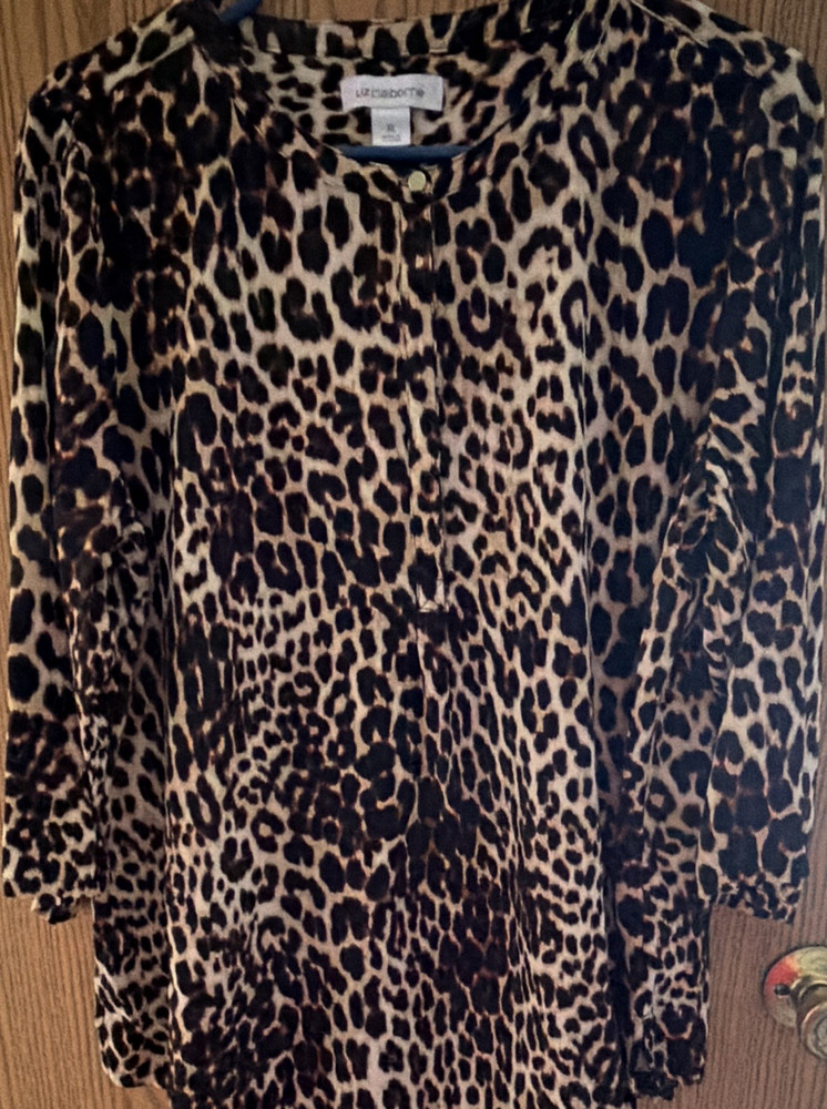 Liz Claiborne Women's Leopard Animal Print 3/4 Sleeve Round Neck Top XL