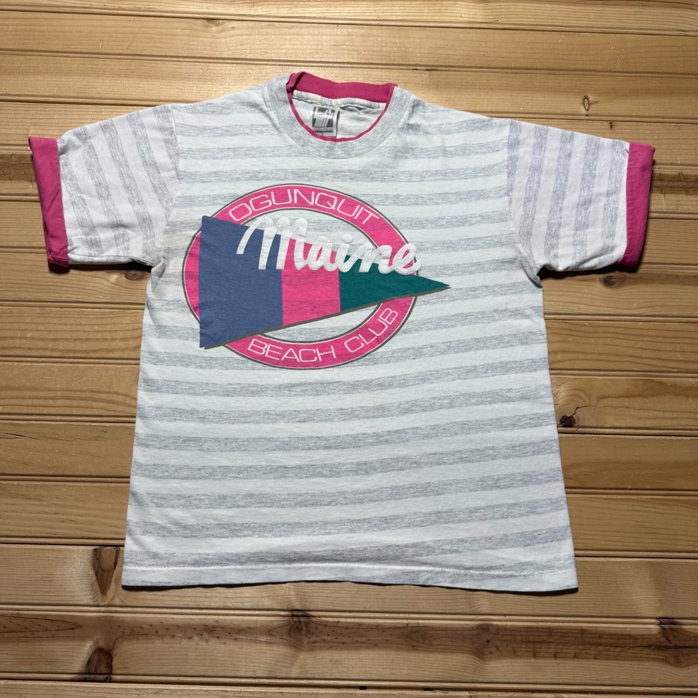 Vintage 80s 90s Ogunquit Maine Beach Club Surf Striped Souvenir Shirt Size Small