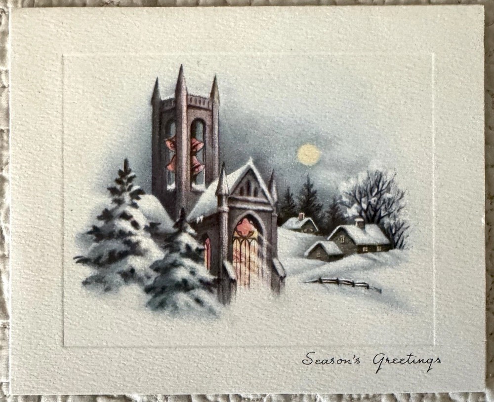 Vintage Christmas Church House Moon Snow Cover Tree Greeting Card 1940s 1950s P