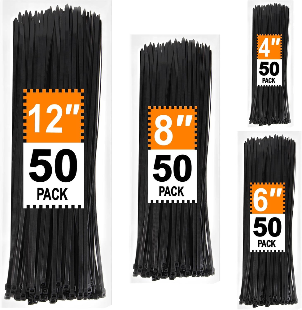 Zip Ties Assorted Sizes 4+6+8+12 Inc, 200 Pack, Black Cable Ties, UV Resista..✔️