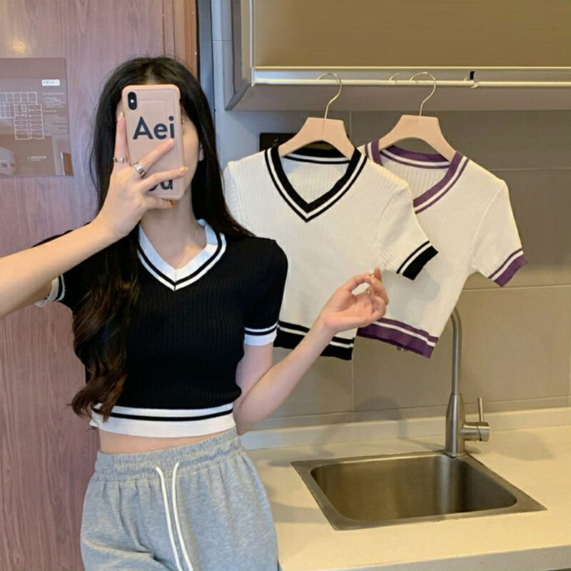 Women's Contrast Color V-neck Short Sleeve Knitted T-shirt Hottie Slim Crop  SFW