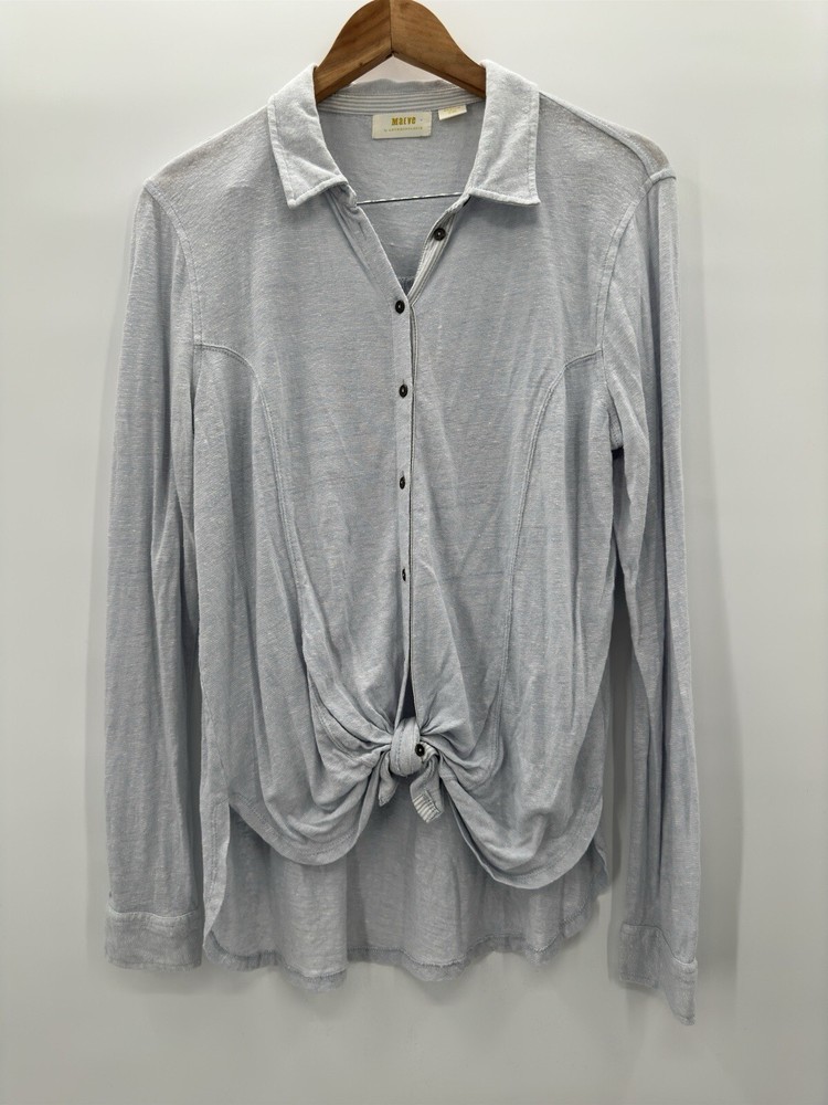 Maeve By Anthropologie Baby Blue Tie Front Long Sleeve Linen Blend Shirt Medium