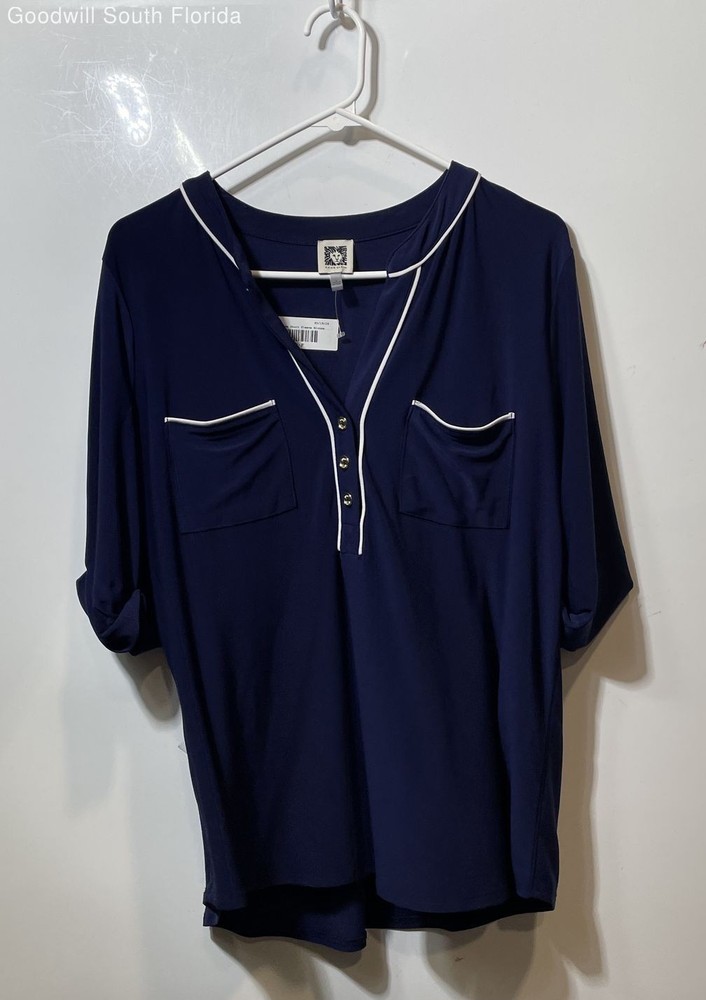 Anne Klein Womens Blue Short Sleeve Henley Neck Blouse Top Size Large