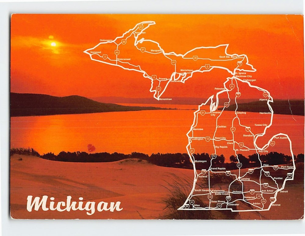Postcard Sunset Beach View Map of Michigan USA