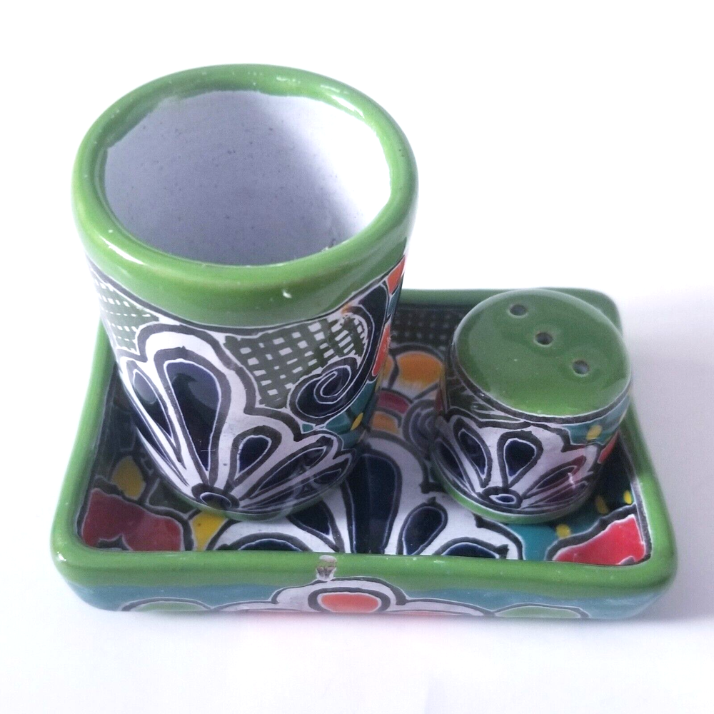 Tonala Tequila Set Hand Painted Floral Shot Glass Salt Shaker Tray Party Mexico