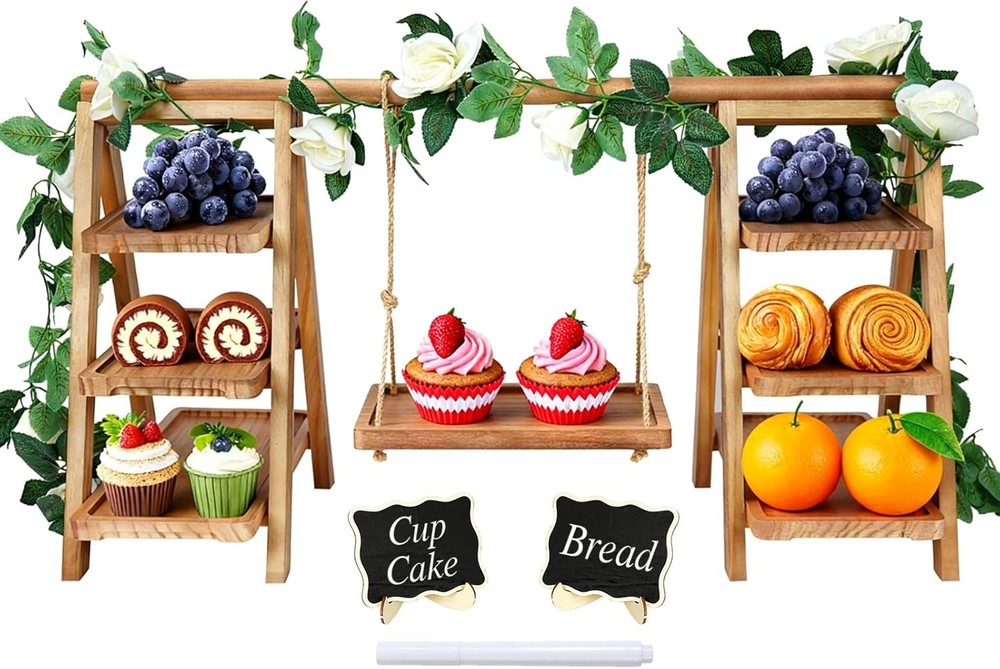 Wooden 3 Tier Cupcake Stand W/ Swing Rustic Pine Wood Dessert Display Stand W/