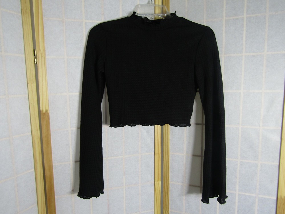 NIB Shein Black Textured Crop Top Long Sleeve Polyester Pull Over Women's XS/2