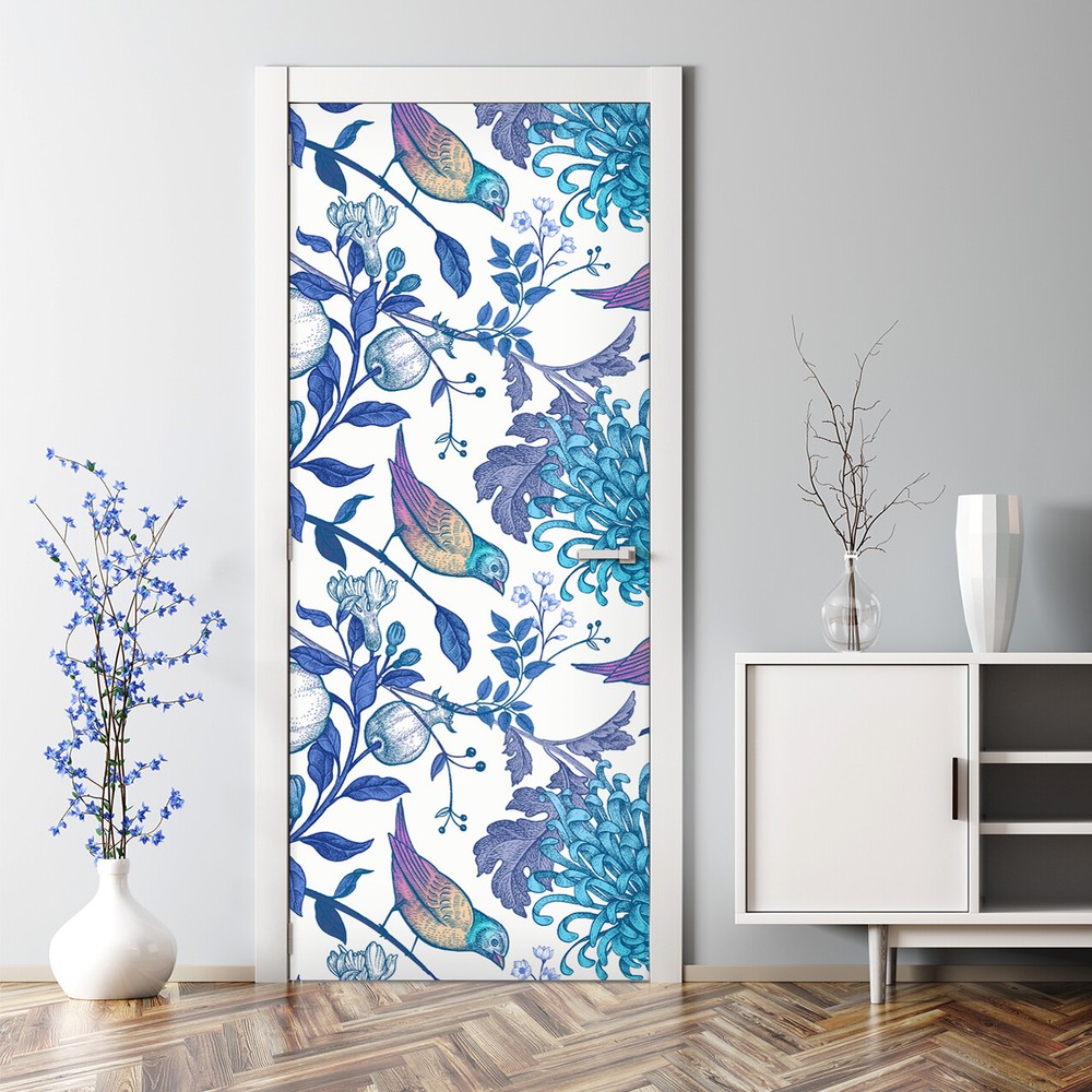 Spring Blue Birds on branches Bubble Free Door sticker self adhesive Watercolour
