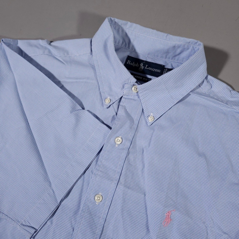 Ralph Lauren Shirt Mens L Blue Gingham Classic Fit Short Sleeve Button Down
