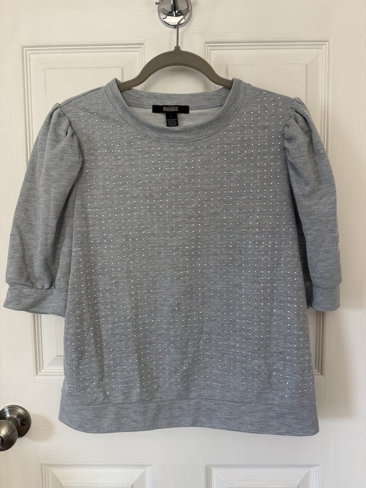 Madison Gray Studded Crewneck Sweatshirt Puff 3/4 Sleeve L