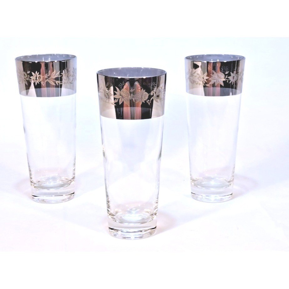 Vintage Silver Ombre Floral Etched Highball Glasses Set of 3 MCM Barware 1960s