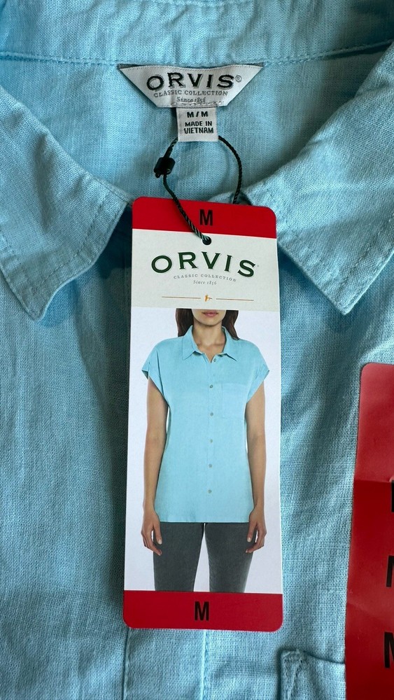 Women's Orvis Linen Blend Short Sleeve Button Down Shirt Blue M Medium