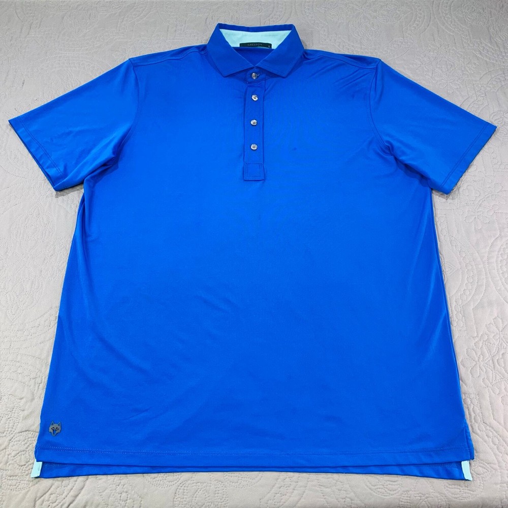 Greyson Shirt Men Large Blue Plain Golf Polo Performance Tech Fox Short Sleeve
