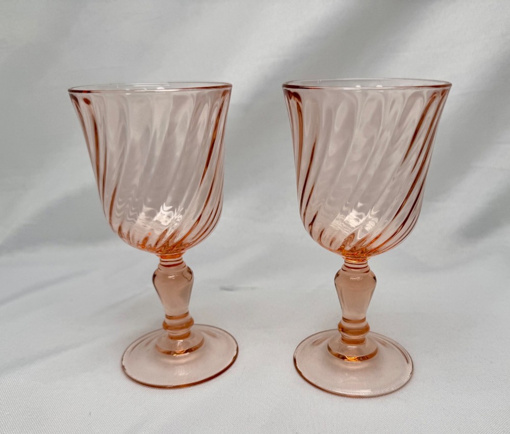 Vintage Pink Swirl Stemmed Glasses Set 2 France Wine Goblet Depression Style