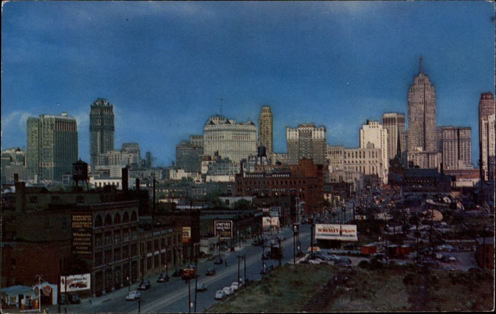 Michigan Detroit skyline aerial view Fort Street ~ 1950-60s postcard