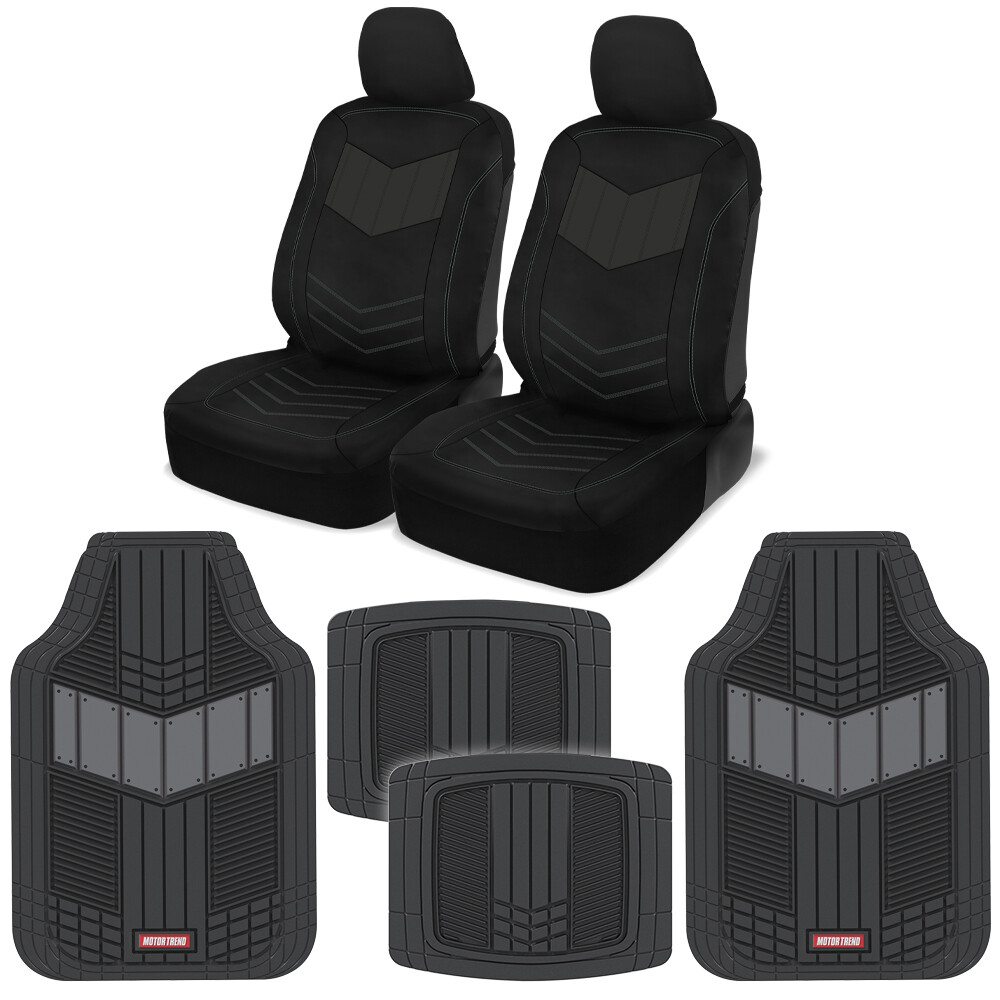 Premium 8PC Gray PU Leather Car Seat Covers & Heavy Duty Rubber Floor Mats Set