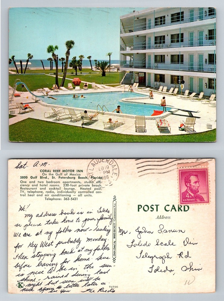 St. Petersburg Beach FL-Florida Coral Reef Motor Inn Pool Vintage c1966 Postcard