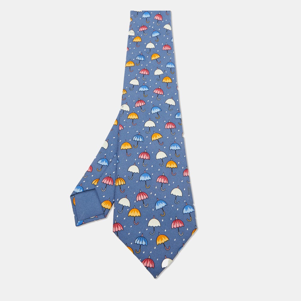 Hermes Multicolor Silk Umbrella Print Classic Tie for Men
