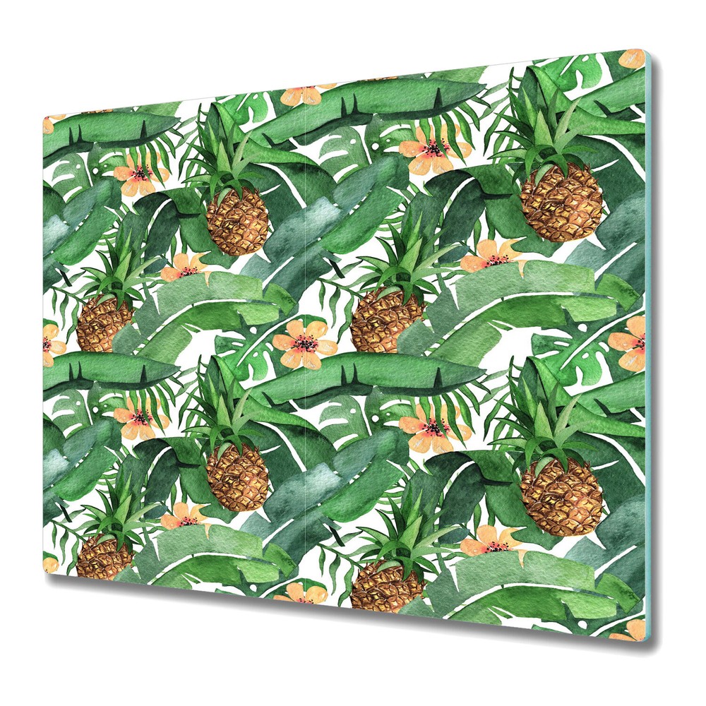 Glass Worktop Kitchen Chopping Board Tropical Leaves & Pineapple 60x52