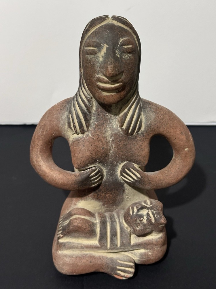 Handmade Mexican Folk Art Clay Pottery Figurine Mother & Child Signed Mexico