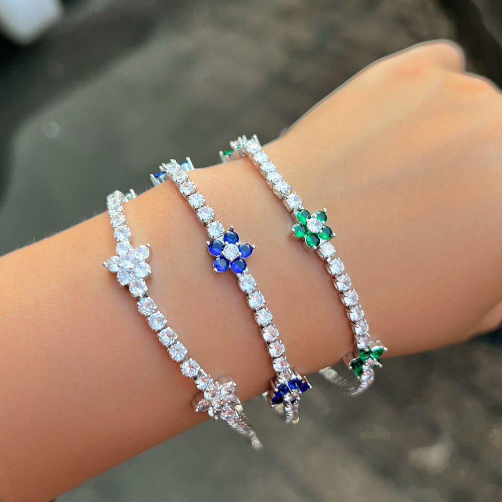 Silver Plated Round Tennis Flower Charm Cubic Zirconia Chain Bracelet Women Gift