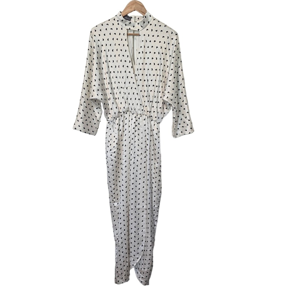 Monique Lhuillier Silk Dress Womens Sz 6 White Butterfly Midi Faux Wrap No Belt