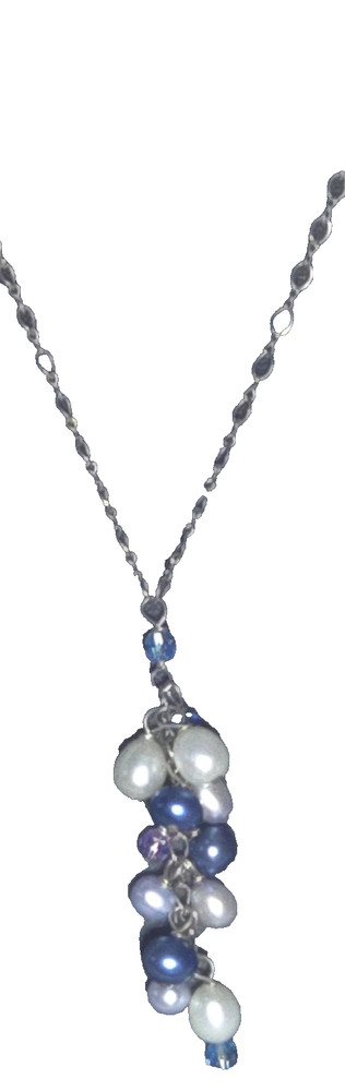 Vintage Cultured Pearl silver blue cream crystal lariat 925  necklace 18