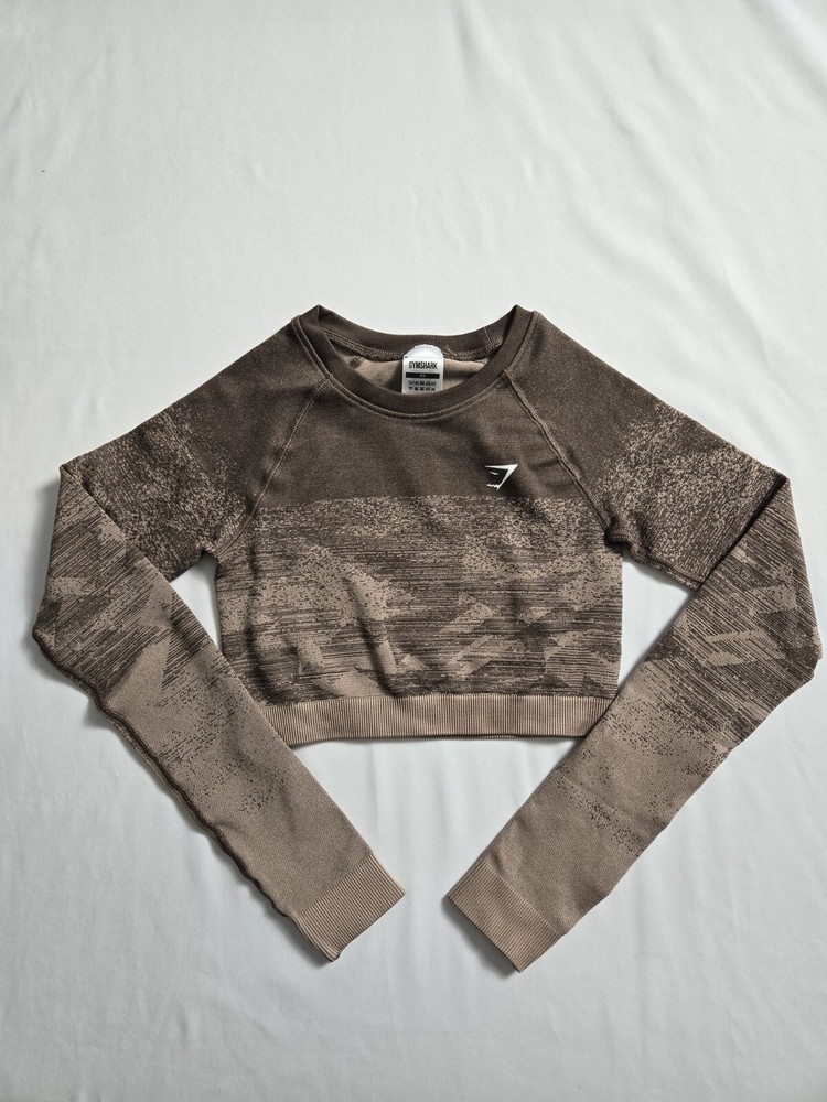 Gymshark Womens Medium Brown Crop Top Long Sleeve Seamless Athleisure Apparel