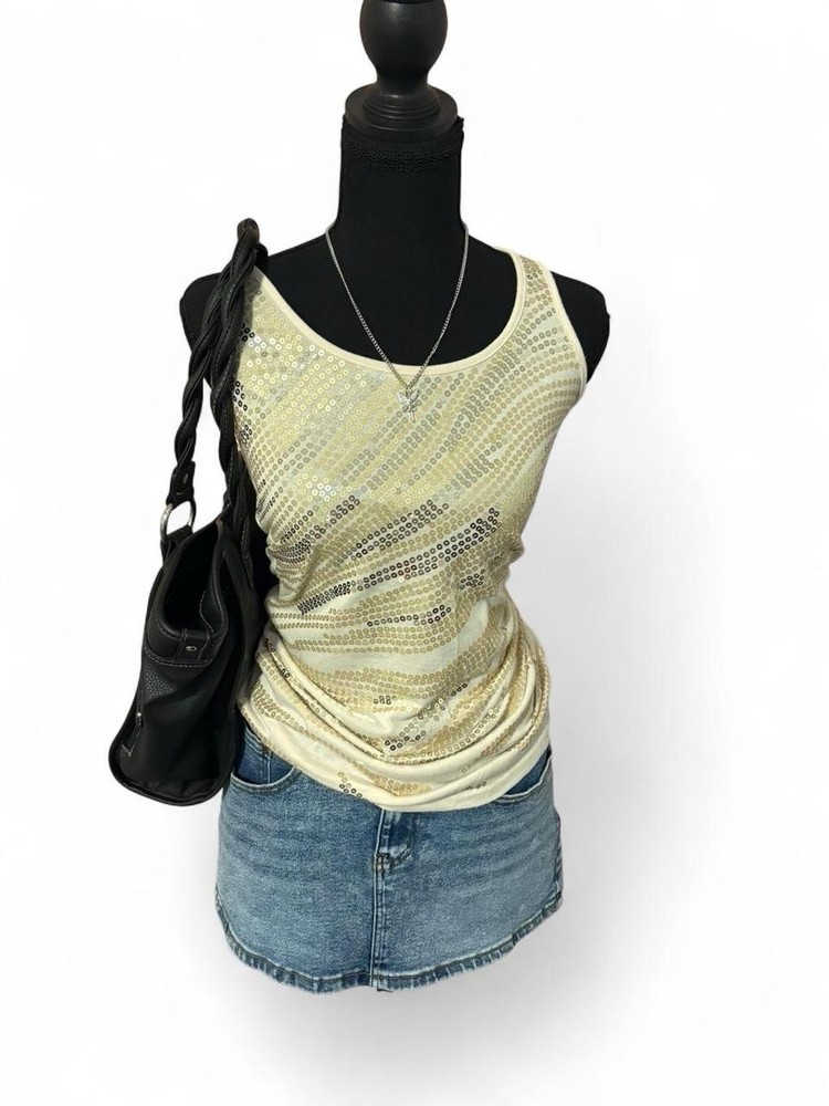 Y2K Almost Famous White Sequined Going Out Tank Top, Size S