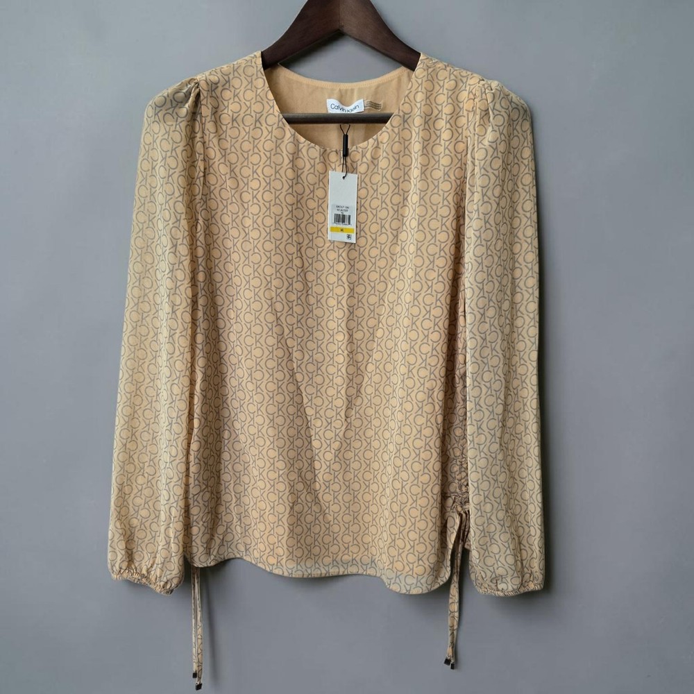 Calvin Klein Women’s Blouse Size Med Beige/gray Long Sleeve Lined NWT