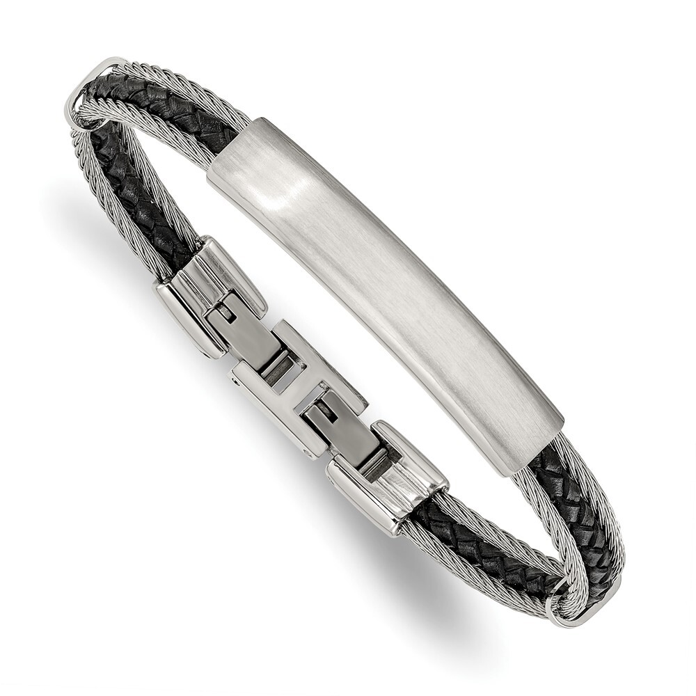 Stainless Steel Wire and Braided Black Leather ID Bracelet 6.75