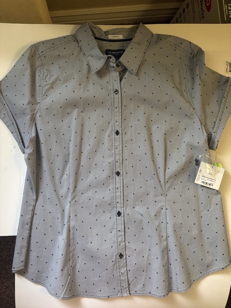 NWT Liz Claiborne Career Womens XL Button Front Shirt Black White Stretch Cotton