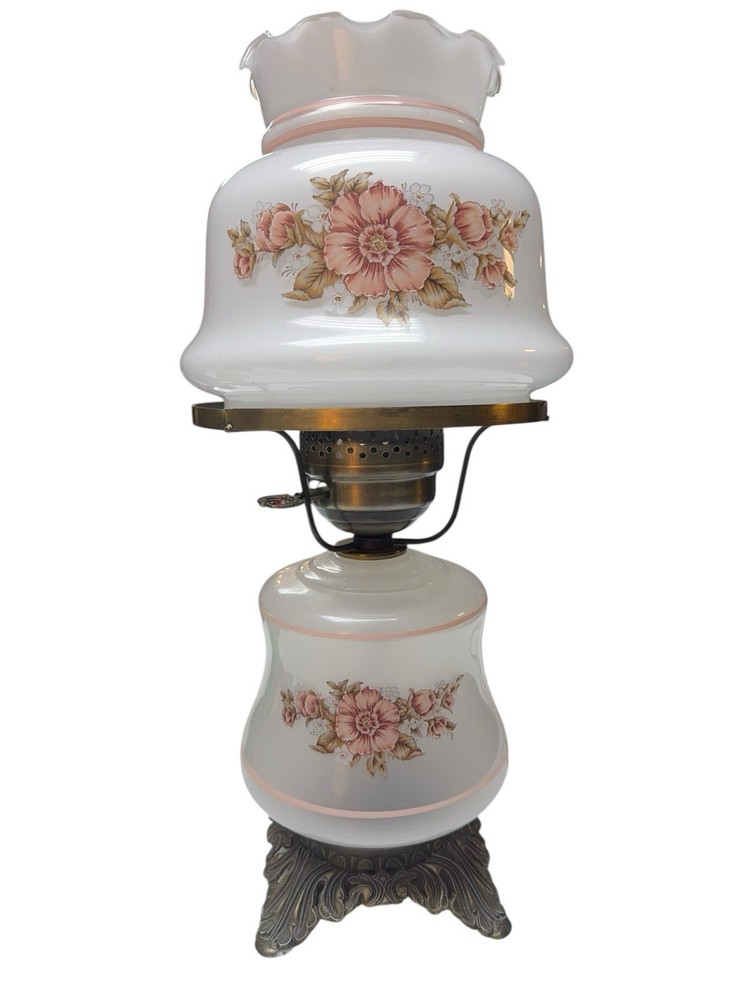 Vintage Hurricane Lamp Floral Milk Glass Electric Victorian Cottagecore