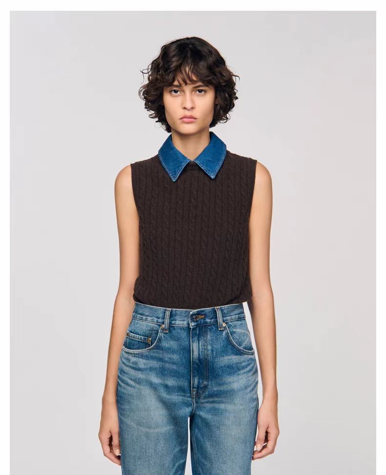 Sandro Coffee color Denim lapel Knitted sweater Vest tops Sweaters