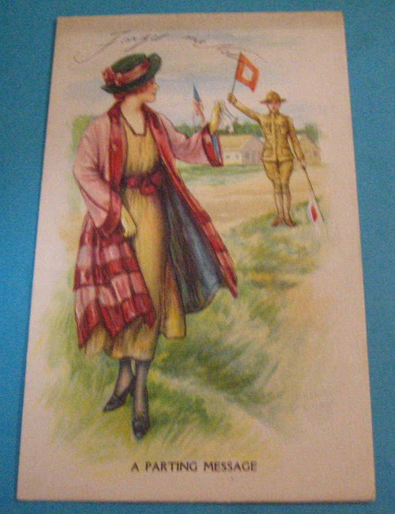 Antique Divided Back U.s. Military Man With Sweetheart Flags Uniform Unposted