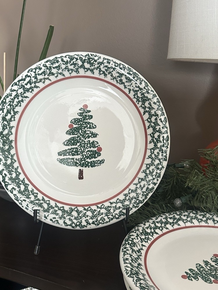 Furio Christmas Tree Green Spongeware Dinner Plates 10