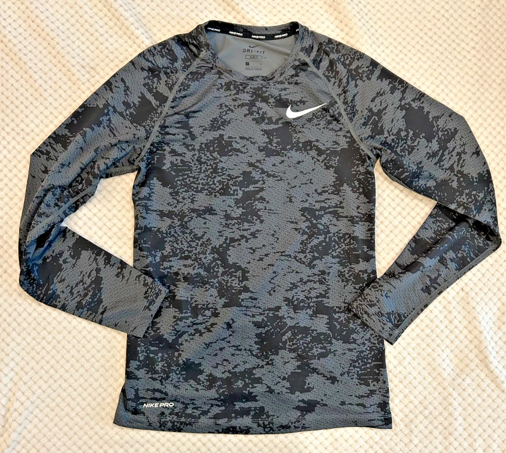 Nike Pro Dri-FIT Slim Fit Long Sleeve Shirt Men’s Small Black Camo Athletic