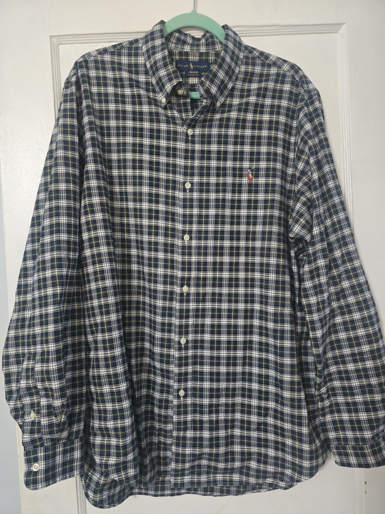 Ralph Lauren Mens XL Classic Fit Plaid Button Down Shirt Navy Blue Yellow White