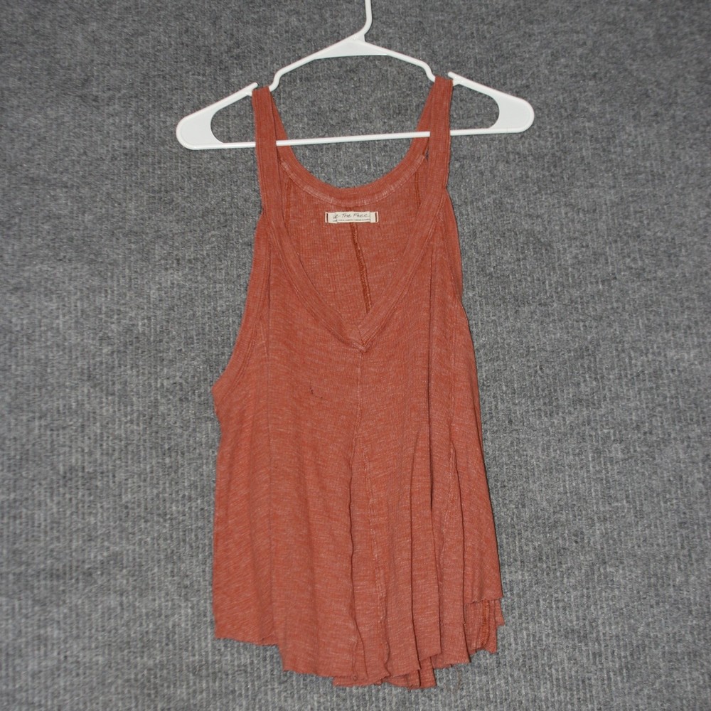 Free People Tank Top Womens Large Orange Burnout Knit Flowy V Neck Relaxed Fit