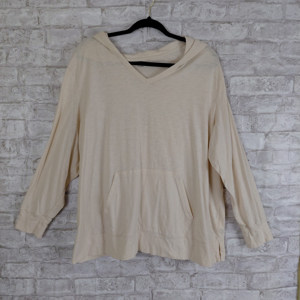 Lands End Slub Cotton Hoodie Womens 1X Ivory Outdoors Casual Kangaroo Pocket