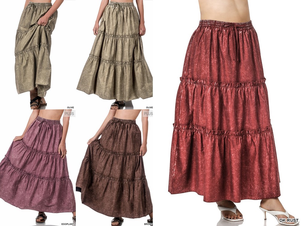 Women's Acid Washed Cotton Tiered Ruffle Maxi Skirt - 1X 2X 3X Sizes