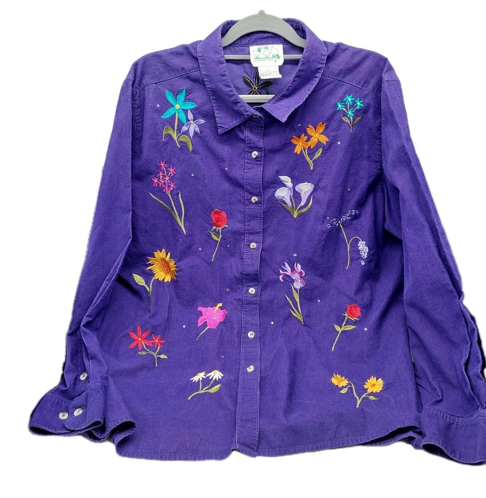 Quacker Factory Womens Corduroy Shirt Size 1X Purple Embroidered Floral