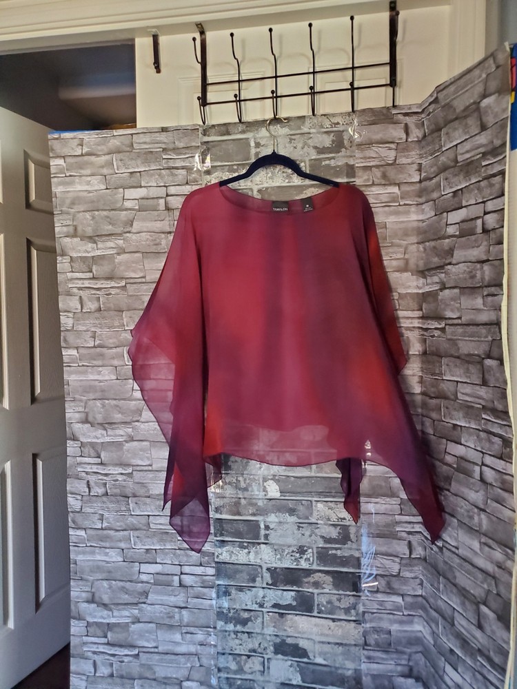 100% Silk Burgundy Sheer Poncho Drape Flowy Tie-Dyed Style Medium Made In Israel