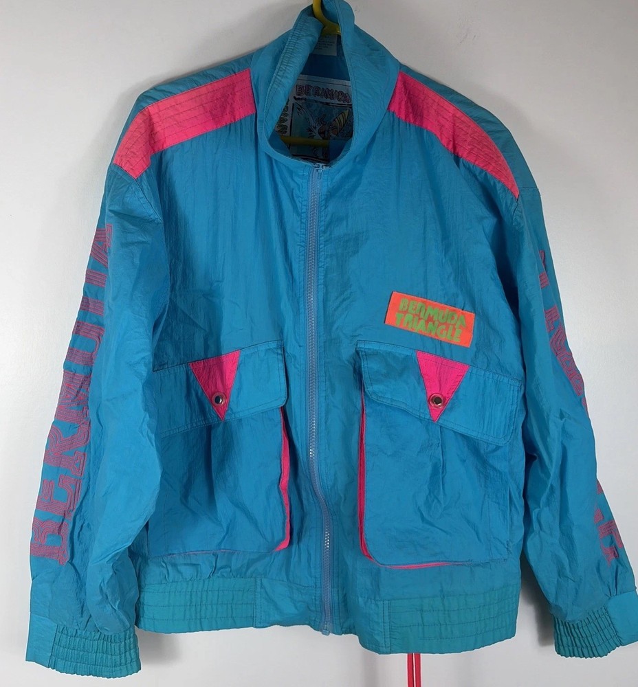 Vintage Bermuda Triangle Windbreaker Jacket Zip Up Neon Teal 80’s Surf Adult M