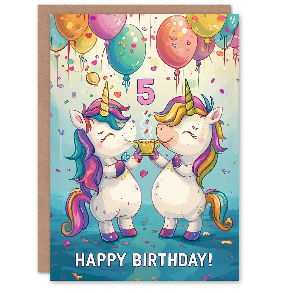 Birthday Card Rainbow Unicorn Party Balloons Cartoon Cute 5th 5 Year Old Child