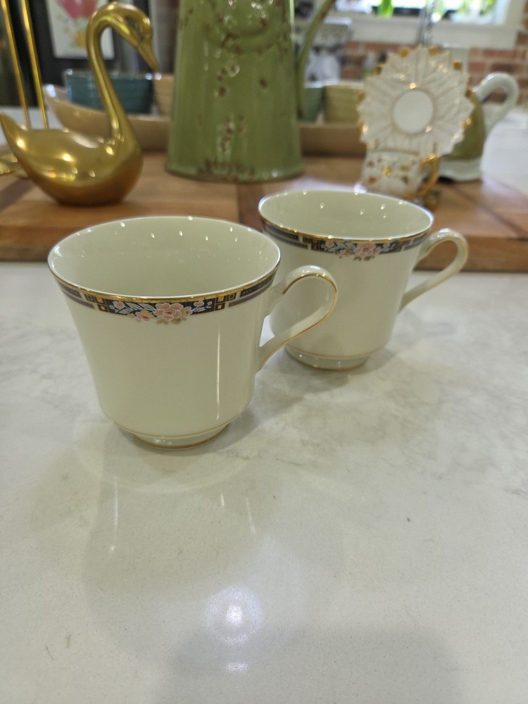 Set Of 2 Vintage MIKASA Florisse Black L2841 Fine China Coffee Tea Cups