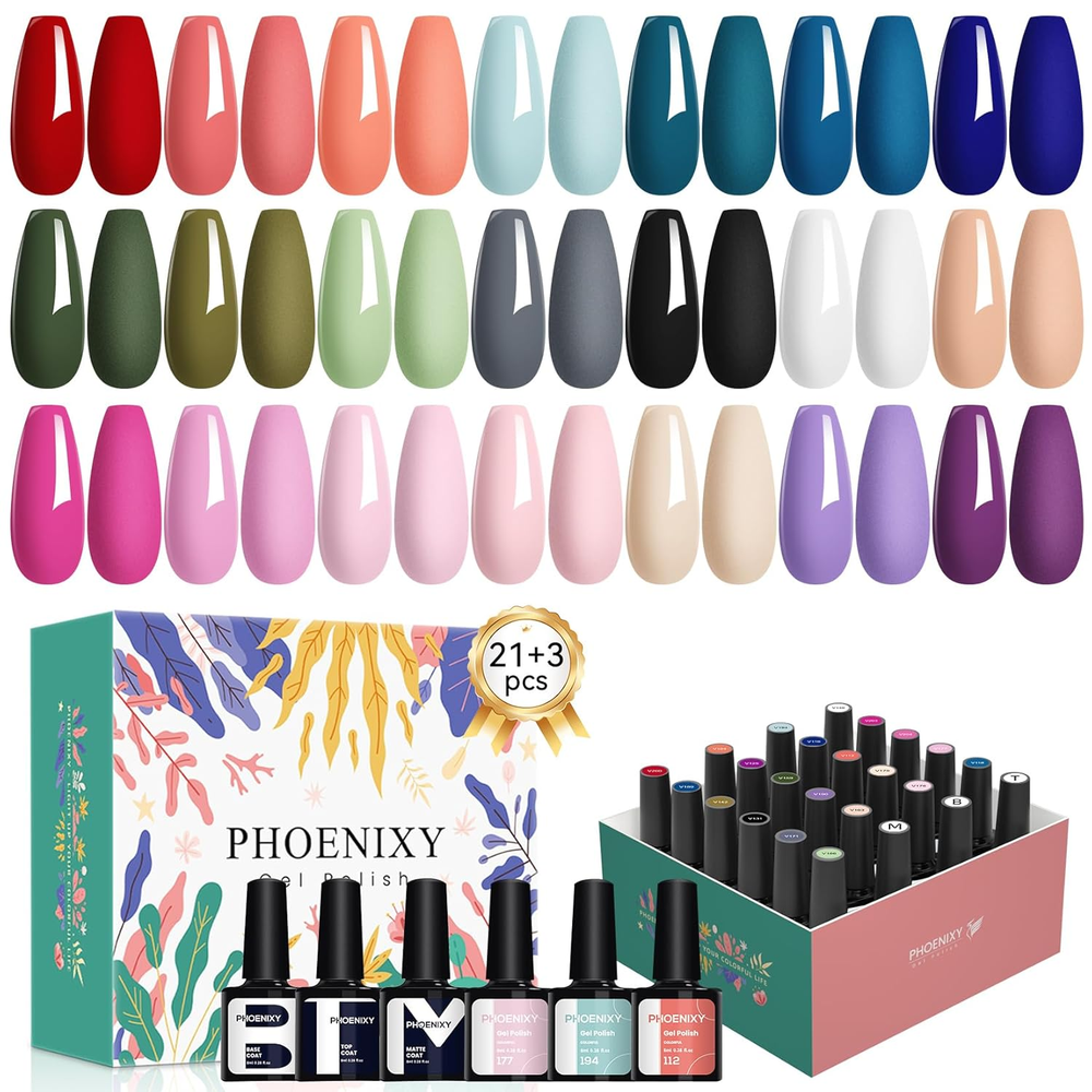 24-Piece Spring Gel Nail Polish Kit with 21 Colors & Base Gloss