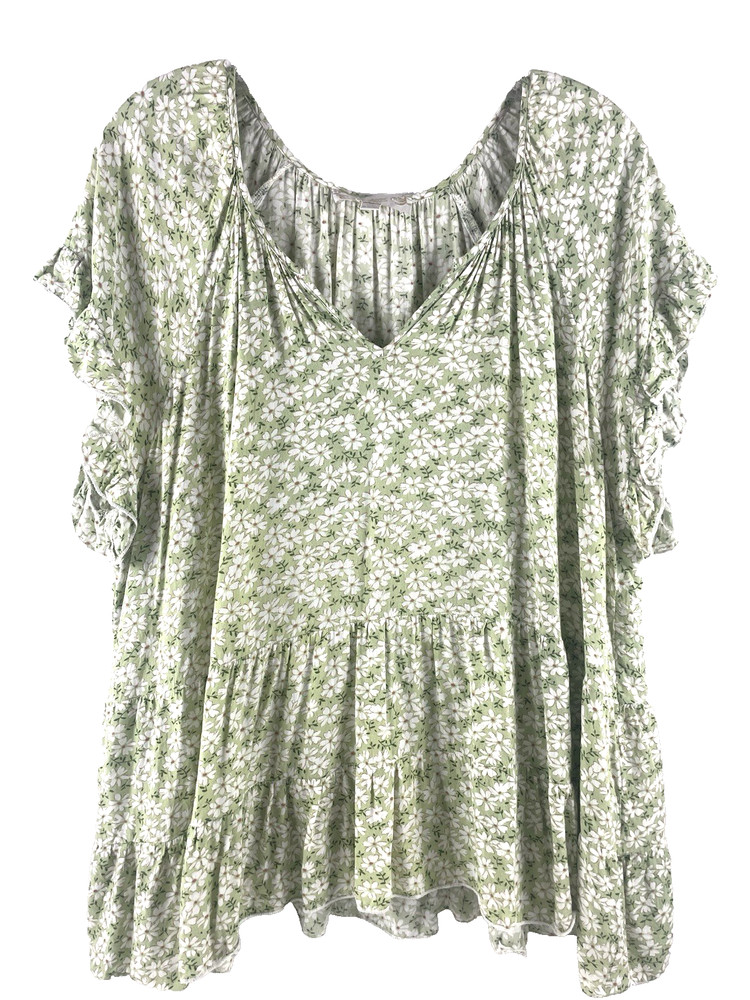 Weekend Suzanne Betro 1X Light Green Floral Boho Peasant Cottagecore Blouse Top